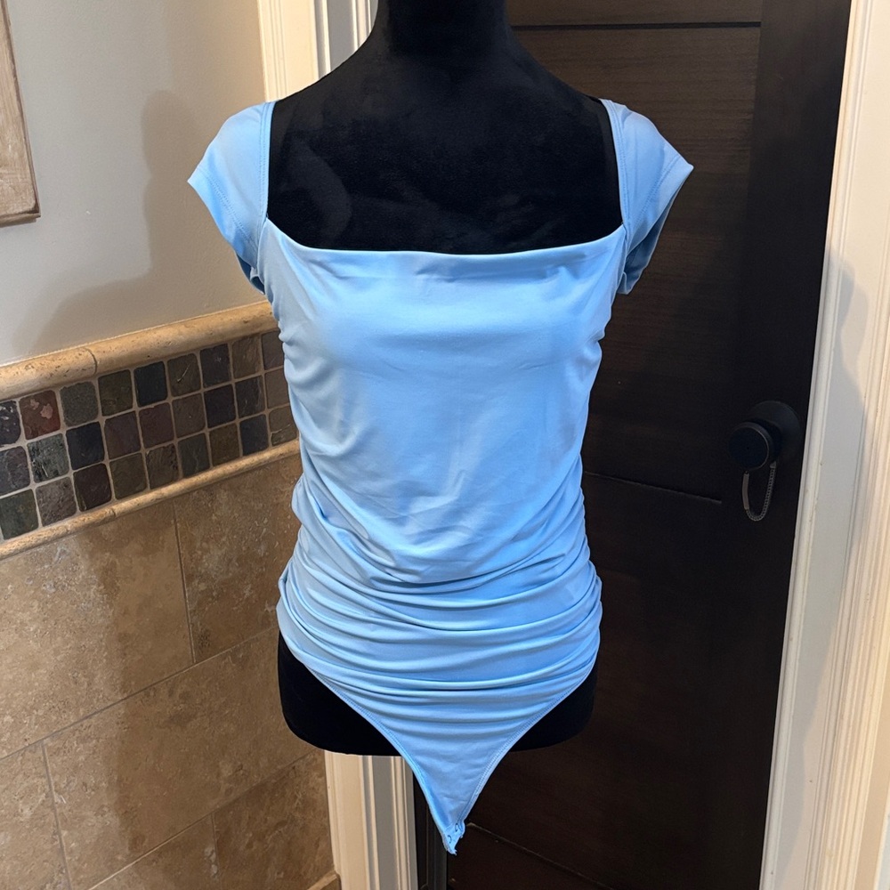 Abercrombie & Fitch Light Blue Square Neck Ruched Bodysuit